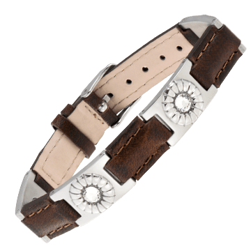 Brown Leather Gem Stainless Magnetic Bracelet