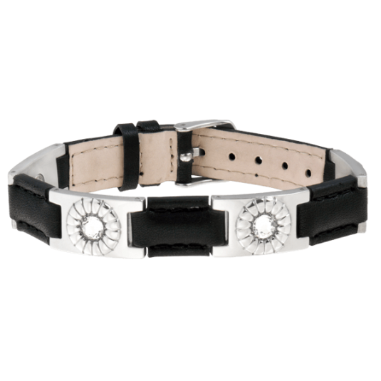 Black Leather Gem Stainless Magnetic Bracelet