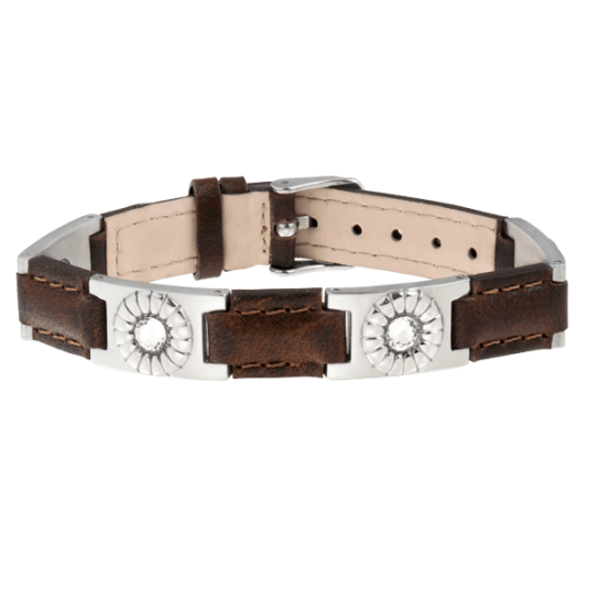 Brown Leather Gem Stainless Magnetic Bracelet
